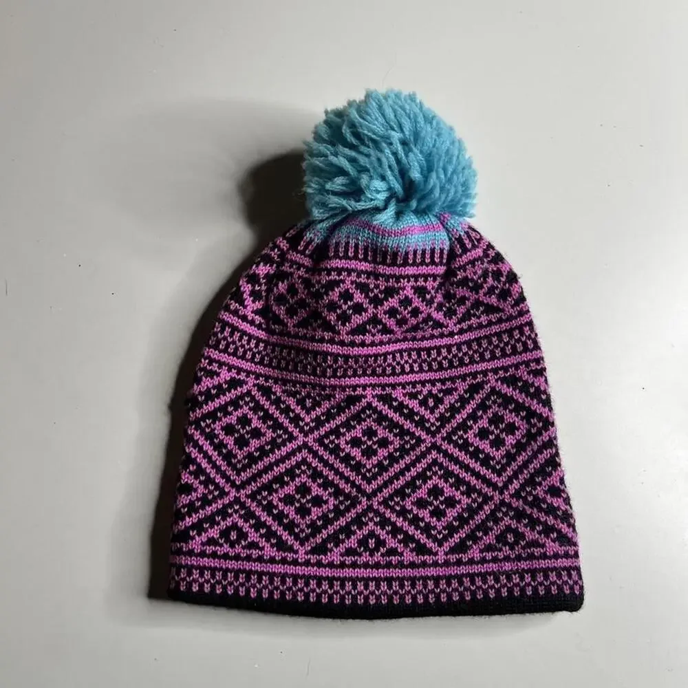 Vintage Herman's Beanie Hat Unisex One Size Pink Wool Knit Pom Geometric Winter